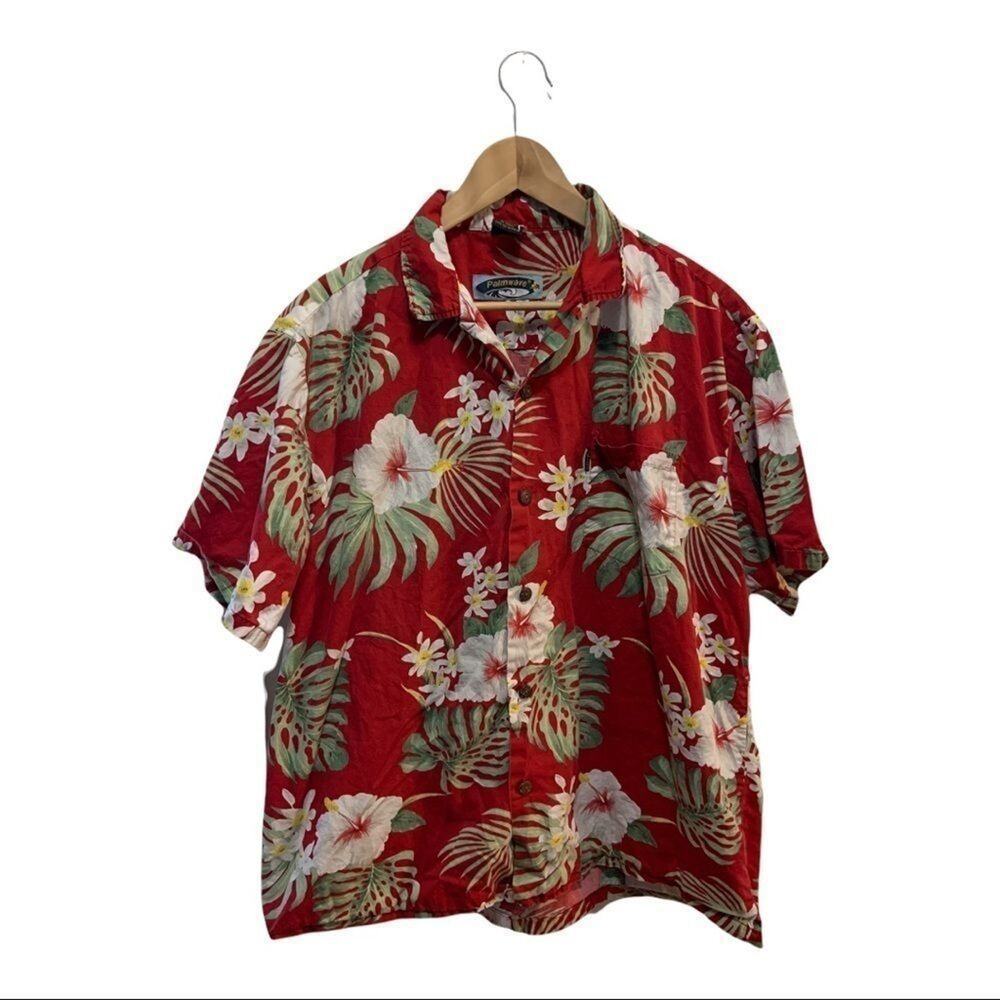 Hawaiian Shirt by Palmwave Red and Floral Button Down Short Sleeve Top Men's L